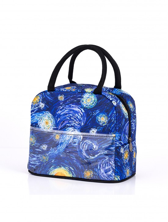 Oil Painting Insulated Lunch Bag with Zip Closure and Outside Pocket